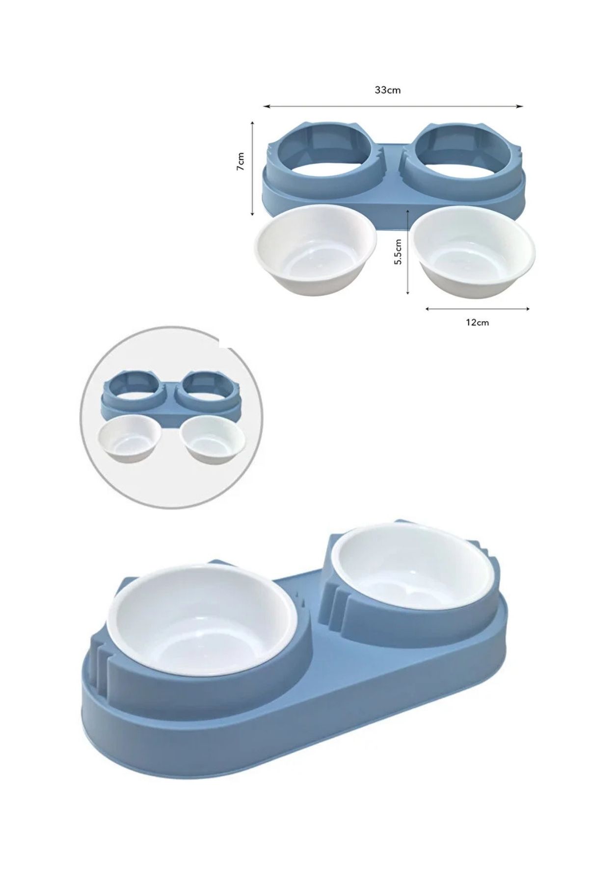 İkili Çıkartılabilir Hazneli ve Yükseltilmiş Kedi/Köpek Mama ve Su Kabı - Mavi