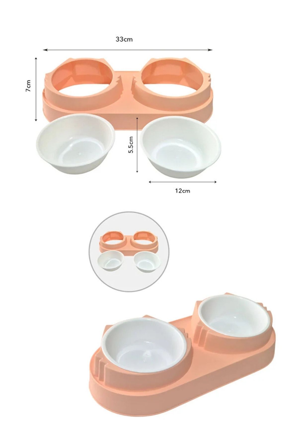 İkili Çıkartılabilir Hazneli ve Yükseltilmiş Kedi/Köpek Mama ve Su Kabı - Pembe