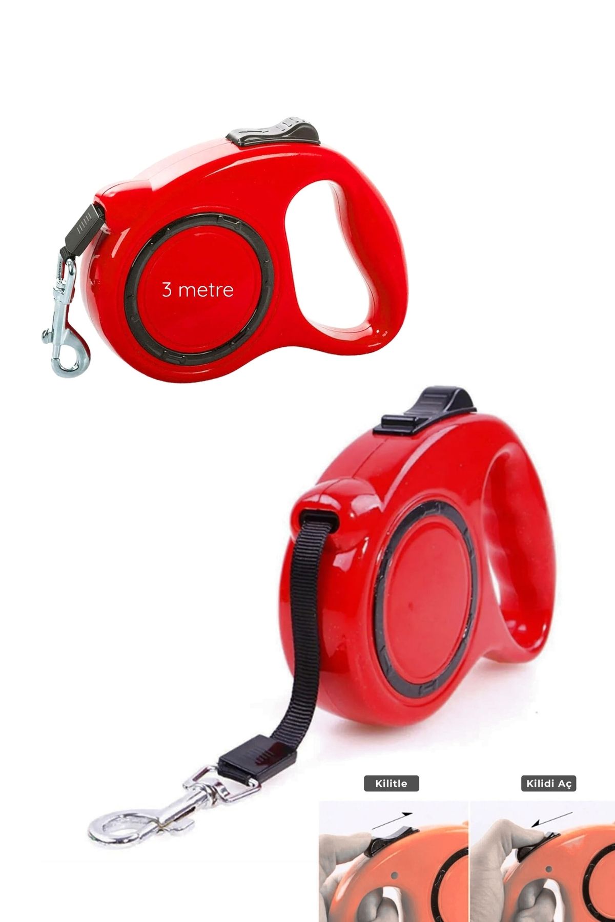 Makaralı Köpek Gezdirme Tasması Kırmızı Siyah 3mt