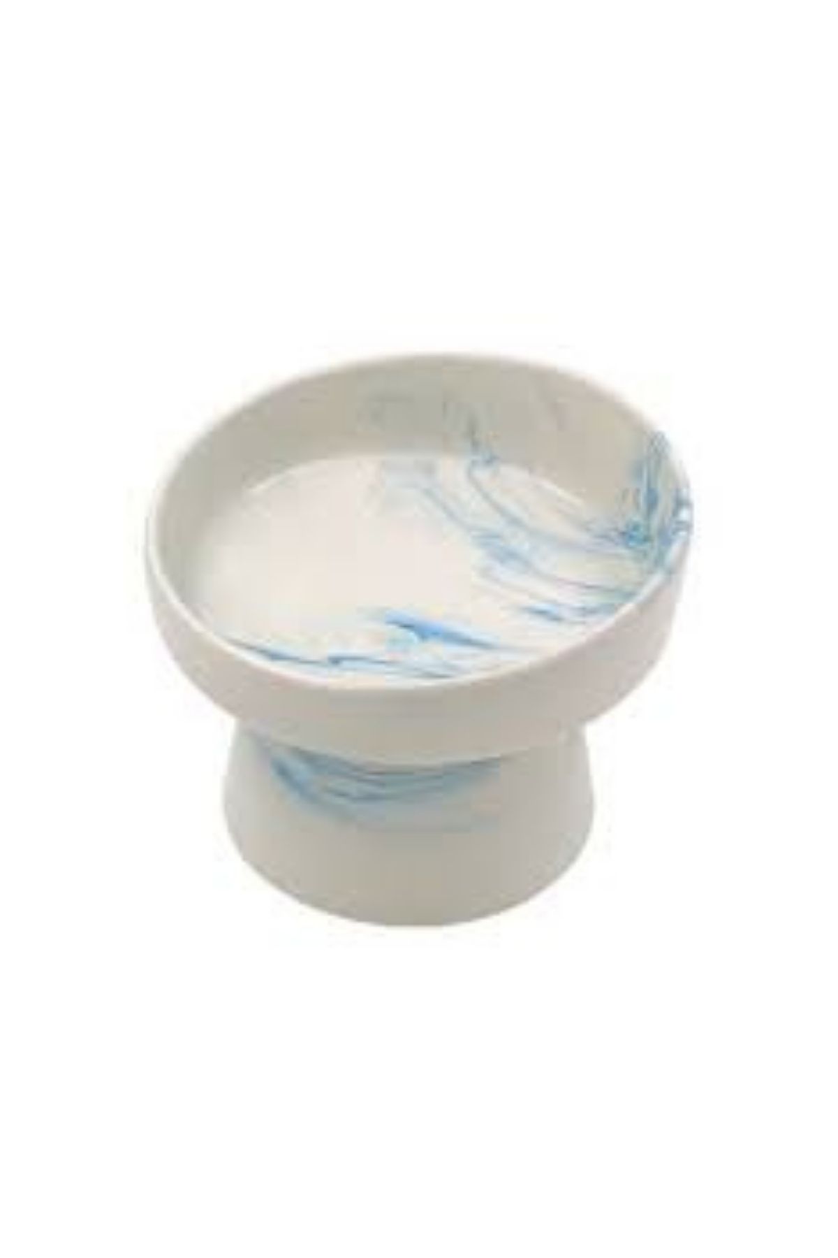 Mermer Desenli Yükseltilmiş Seramik Kedi Mama ve Su Kabı - Mavi Geçişli