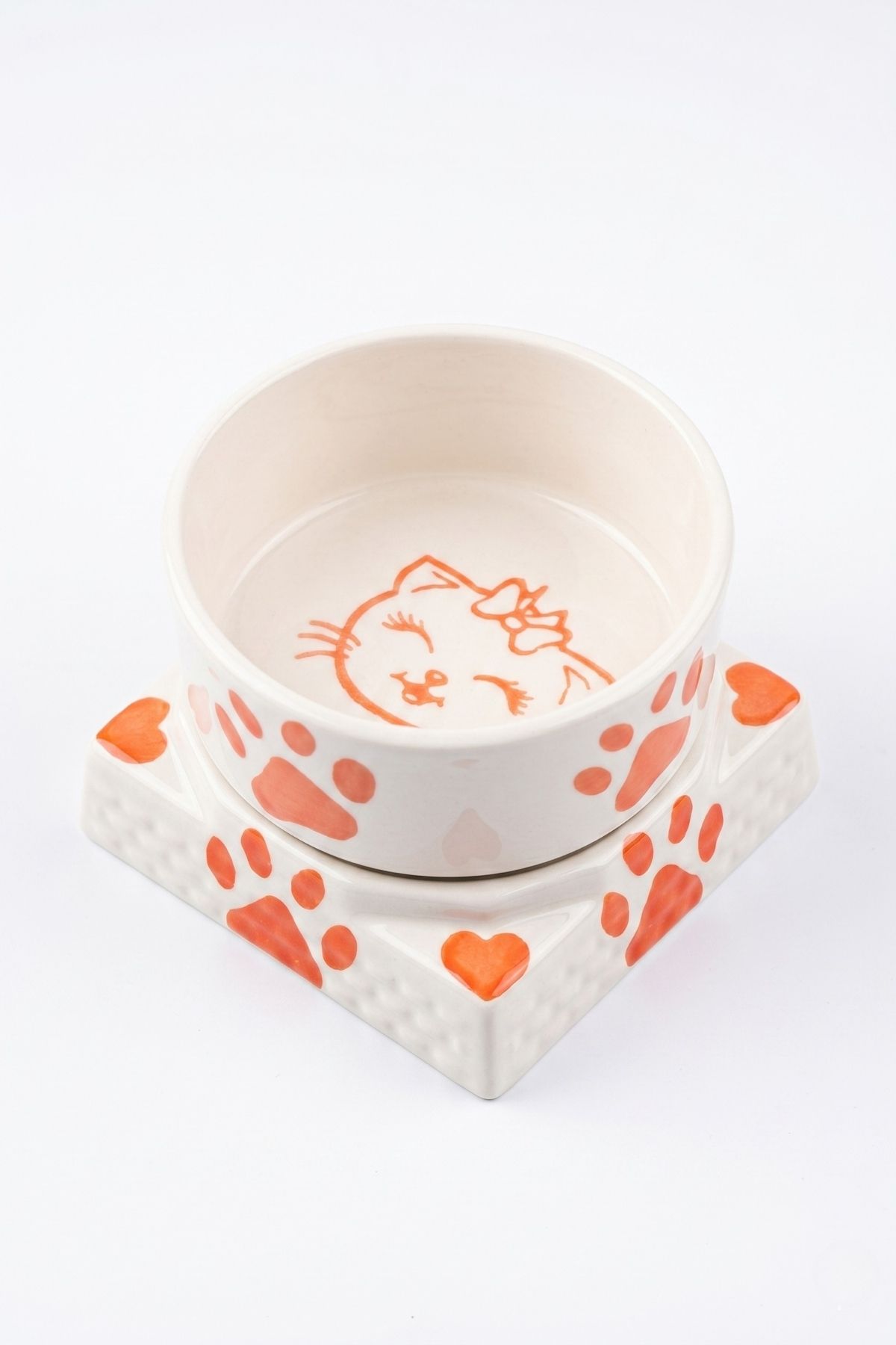 Kare Ayaklı Seramik Mama ve Su Kabı Turuncu