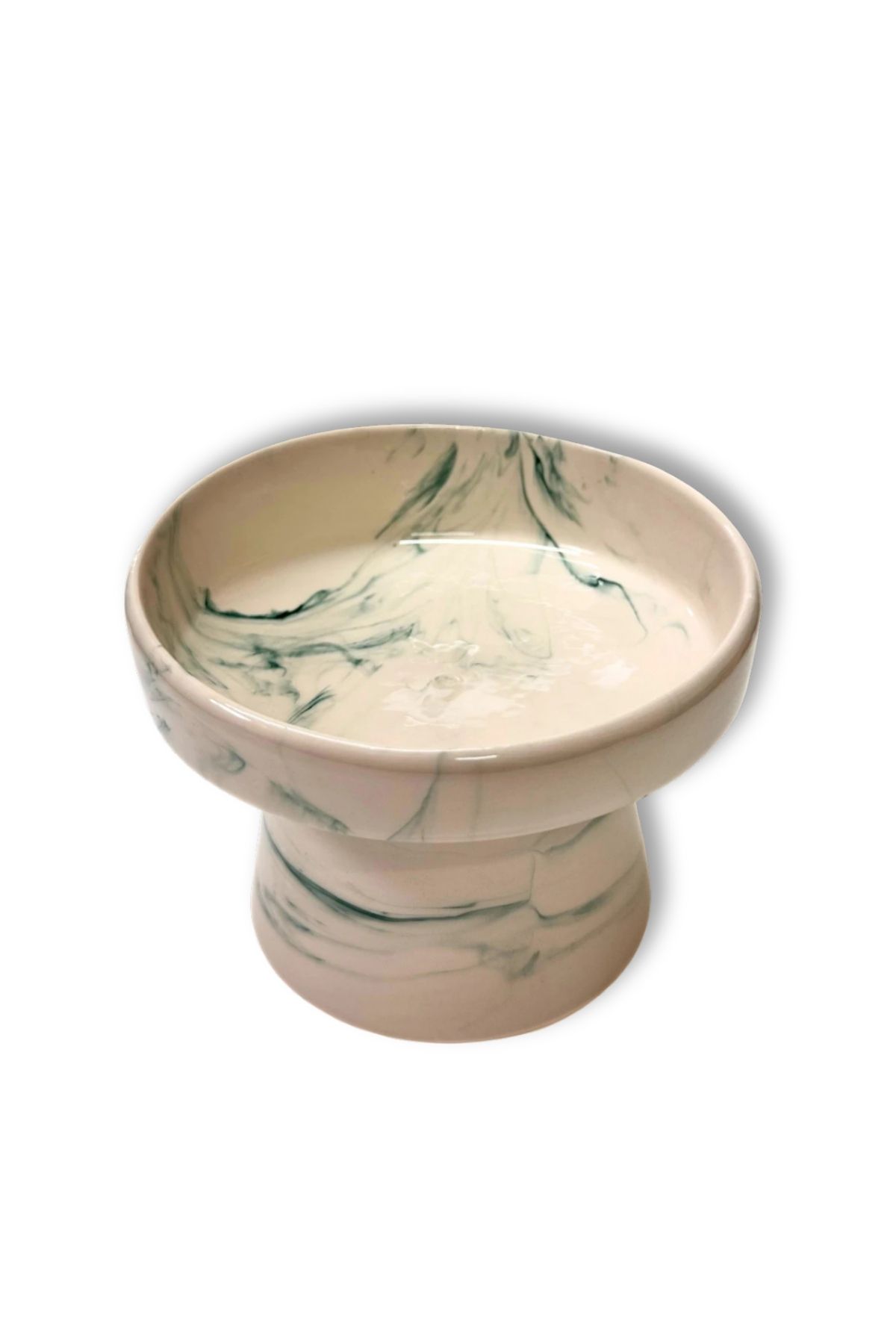 Mermer Desenli Yükseltilmiş Seramik Kedi Mama ve Su Kabı - Yeşil Geçişli