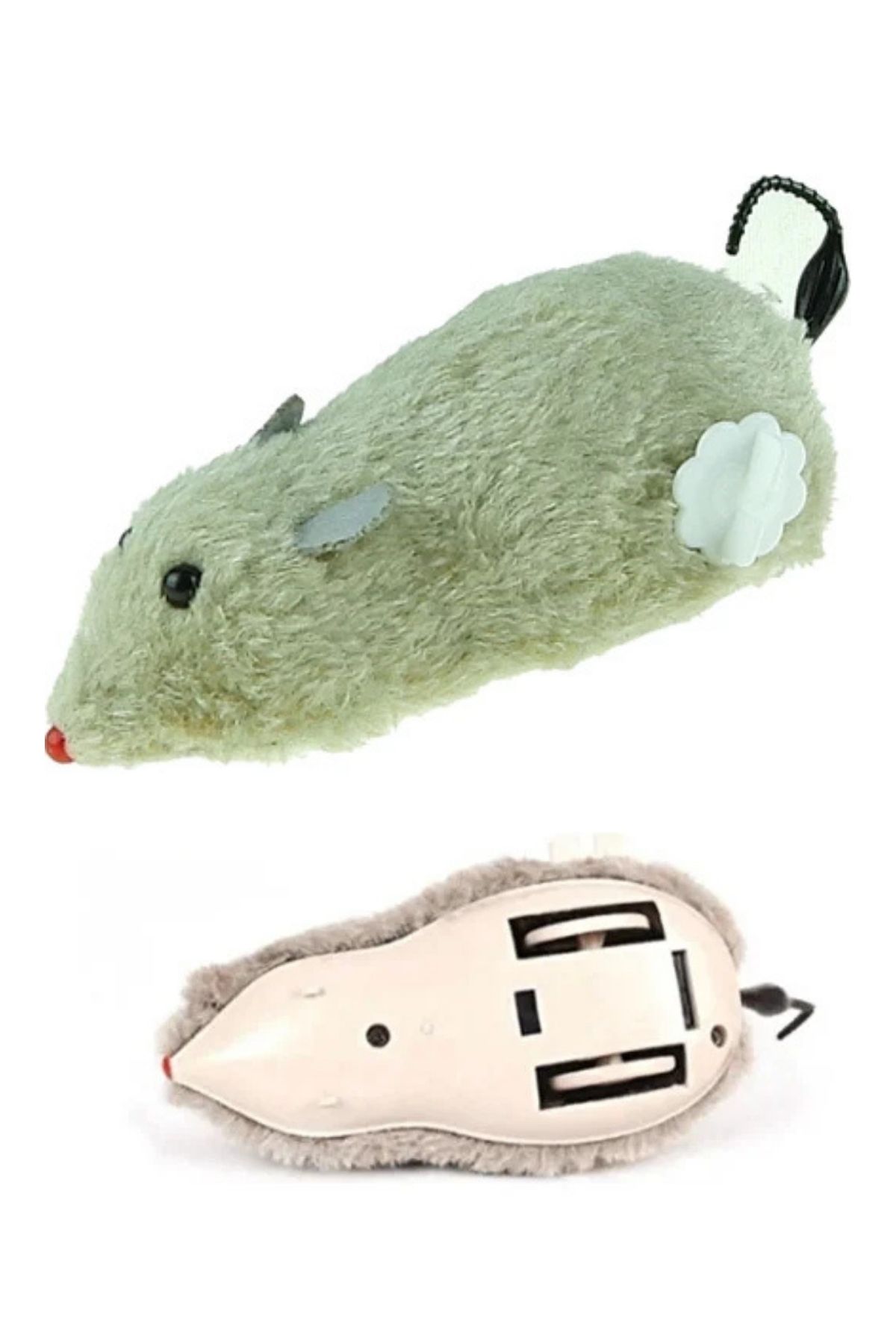 Kurmalı Hareketli Peluş Kedi Oyuncağı (Avcı Fare) - Krem