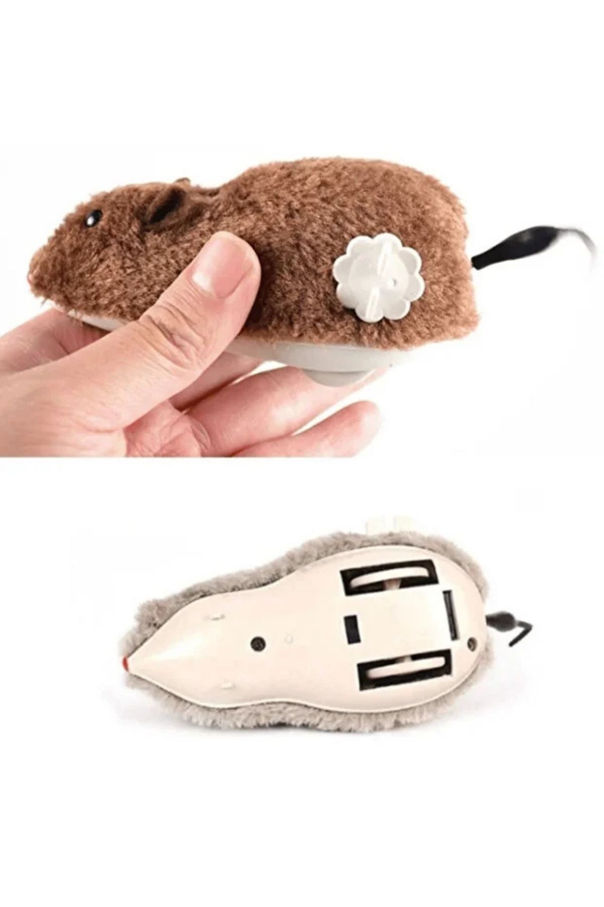 Kurmalı Hareketli Peluş Kedi Oyuncağı (Avcı Fare) - Kahverengi