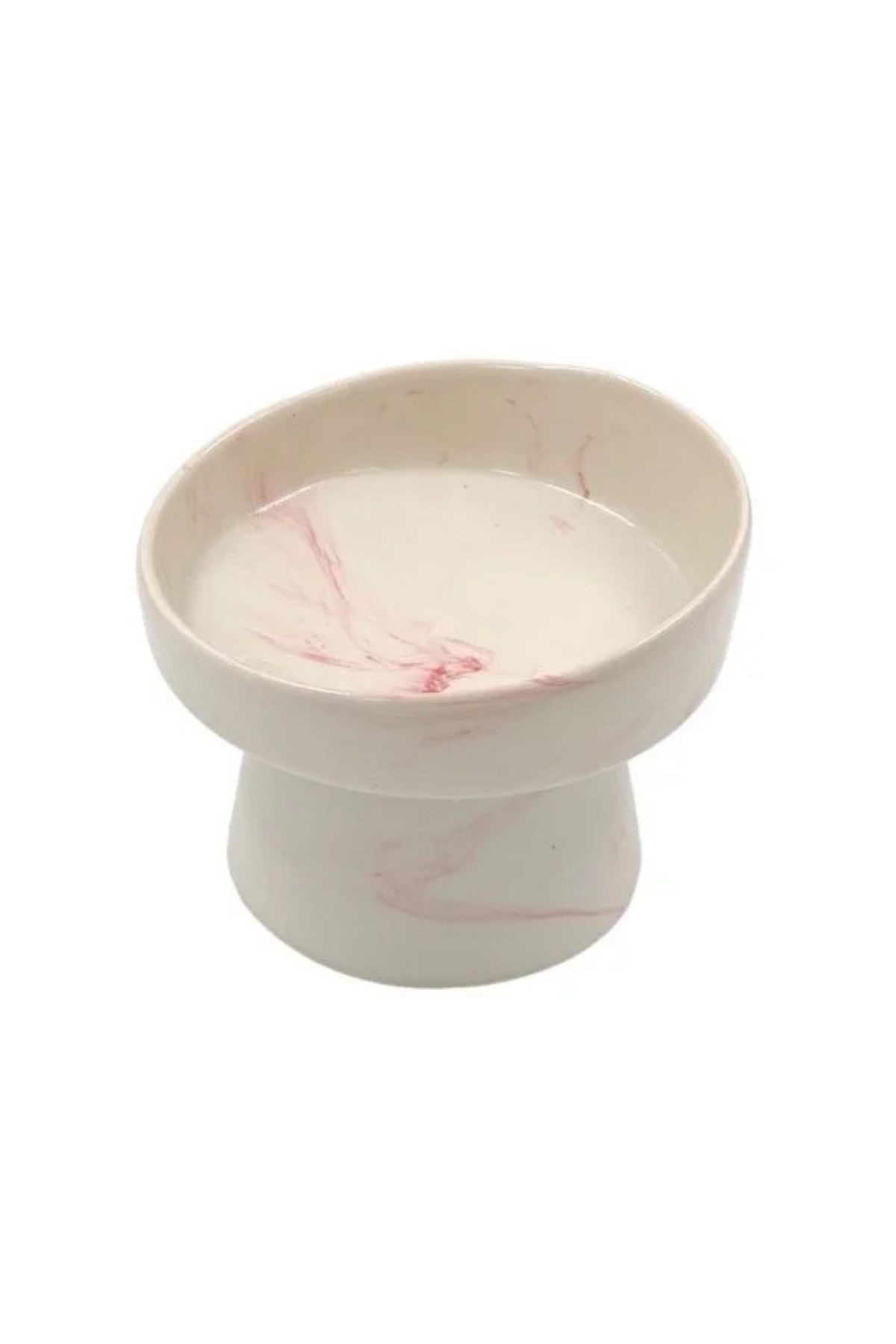 Mermer Desenli Yükseltilmiş Seramik Kedi Mama ve Su Kabı - Pembe Geçişli