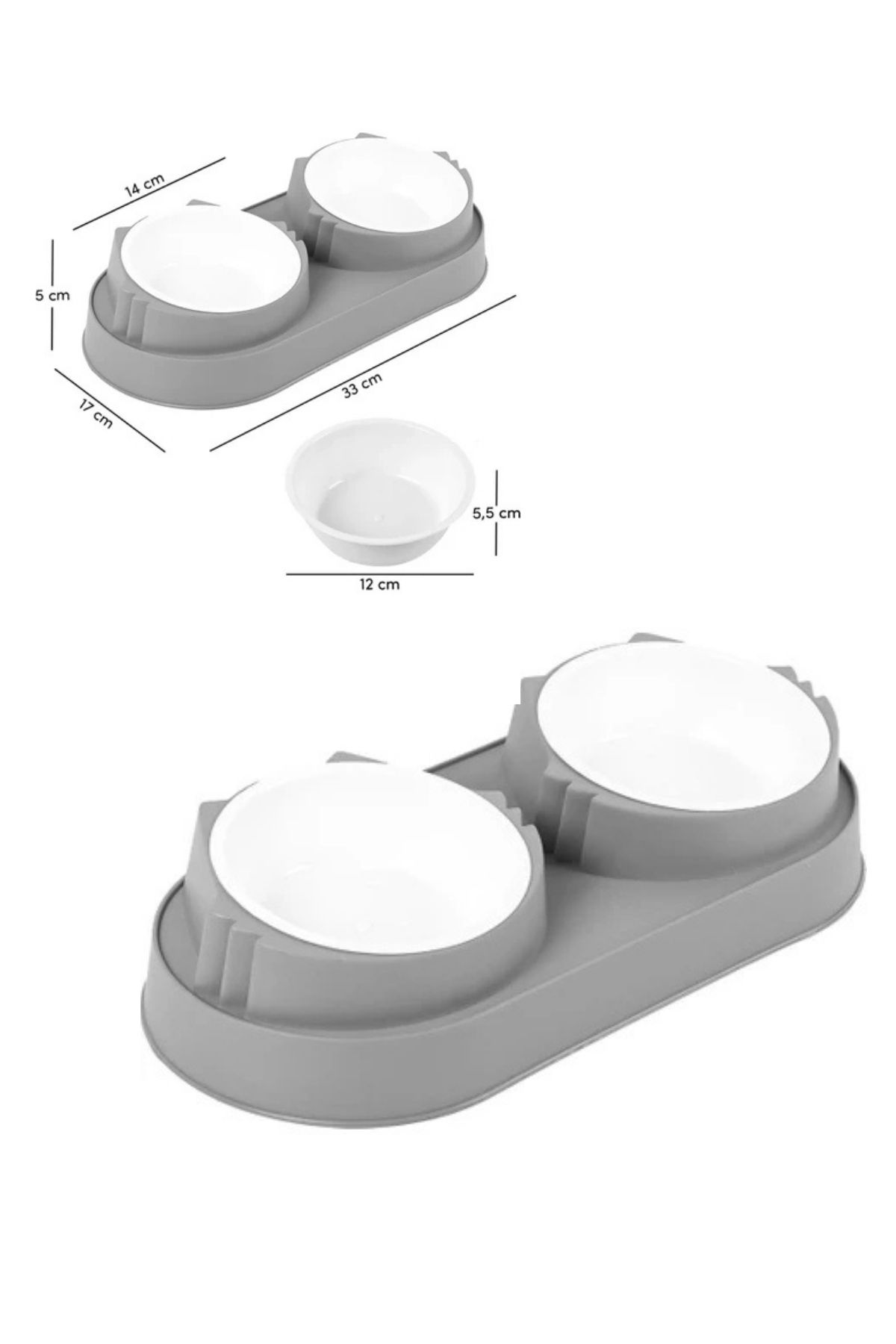 İkili Çıkartılabilir Hazneli ve Yükseltilmiş Kedi/Köpek Mama ve Su Kabı - Gri