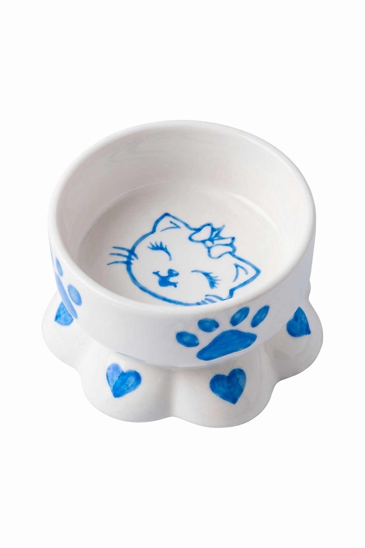 Papatya Ayaklı Seramik Mama ve Su Kabı Mavi